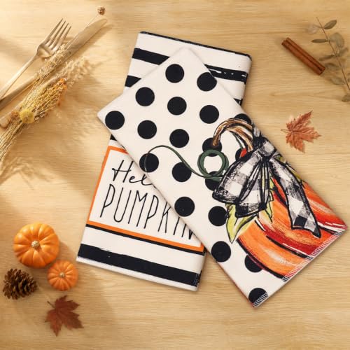 Pumpkins Fall Kitchen Towels Set - 2 Pcs Hand Towels with Pumpkin Bow Variation