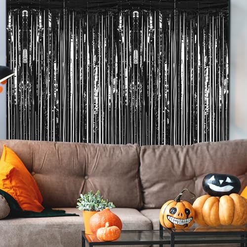 Black Foil Curtain Streamer Set - 8 Pack Halloween Party Decorations - 3.28 x 7.05 ft