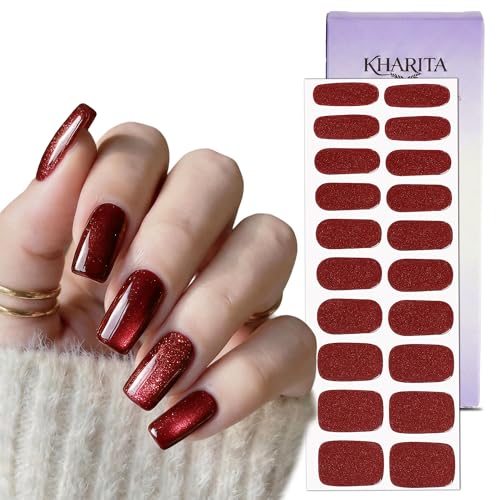 Semi Cured Gel Nail Strips - Hema-Free Glitter Cat Eye Dark Red - Shine Variant