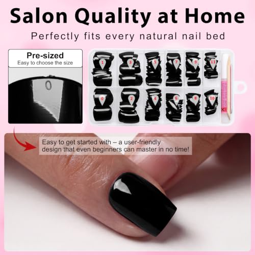 LuckForever Extra Short Black Square Press On Nails - Fake Nails Glue Ons