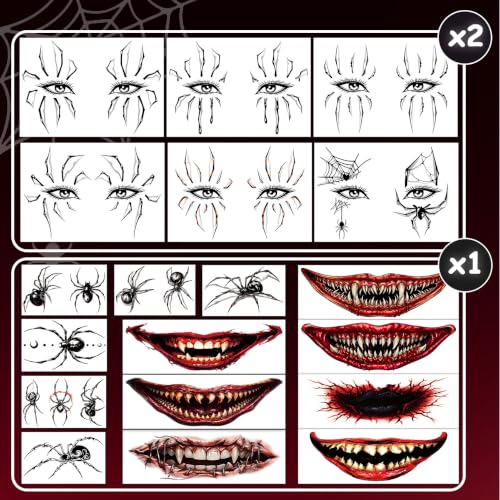 Halloween Face Tattoo Set with Spider & Monster Designs - 25 Sheets