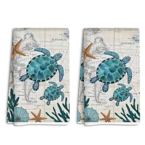 2 Pack Coastal Sea Turtle Hand Towels - Beach Ocean Nautical Kitchen & Bathroom Decor