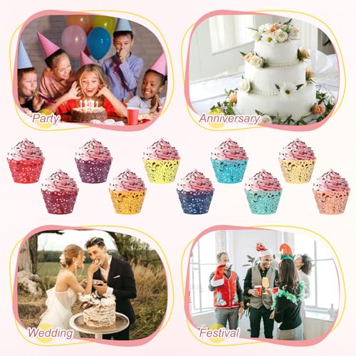 Gold Tone 50-Pack Pearlescent Cupcake Wrappers with Lace Design for Weddings & Parties