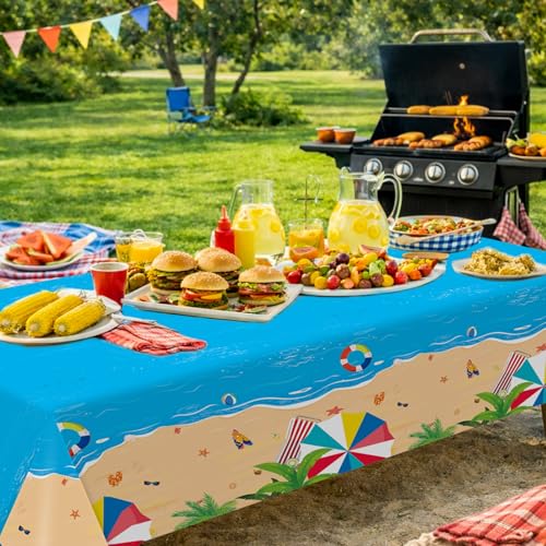 Beach Theme Plastic Tablecloth 54x108 Inches - Summer Party Pack - 3 Pieces