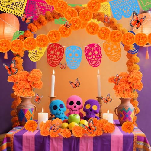 Day of the Dead Decor Set with Marigolds Banners Butterflies - 60 pcs