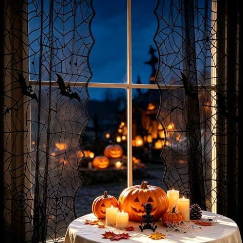 Halloween Black Lace Curtains 95 Inch Long with Cobweb Pattern - Pack of 2