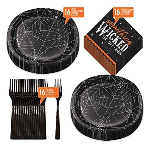 Oval Halloween Spider Web Dinner Plate Set - Serves 16 with Wicked Napkins & Forks