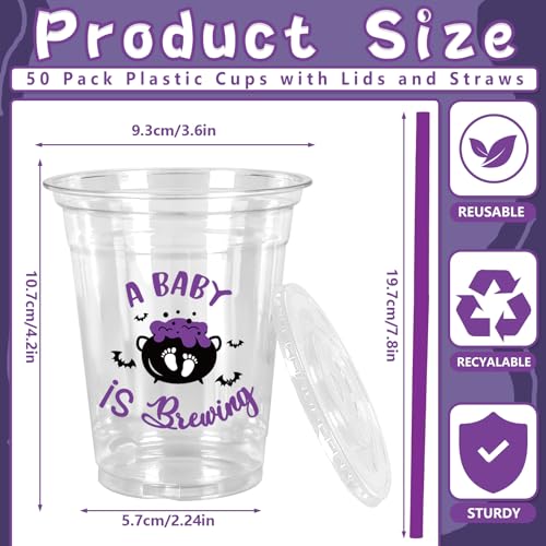 Halloween Baby Shower Plastic Cups with Lids & Straws - A Baby Is Brewing Variation