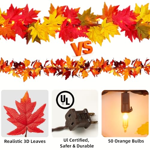 2Pack Fall Garland with Lights 9Ft Lush Leaves Connectable Outdoor Indoor Decor