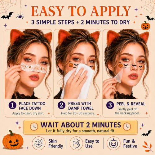 Halloween Multicolor Face Glitter Makeup Patches 12PCS - Bat Pumpkin Ghost Tattoos