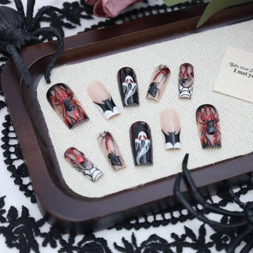 Halloween Press On Nails Long Coffin Goth Fake Nails Set A-1 - Spooky Gothic Design