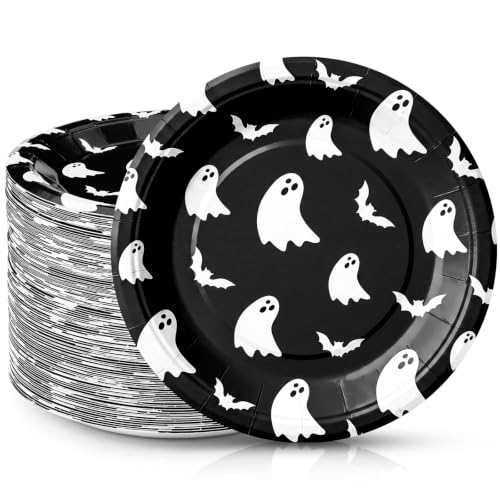 Halloween Paper Plates Ghost Bat Black 7 Inch - 100 Pack, Variation: Black Ghost Bat