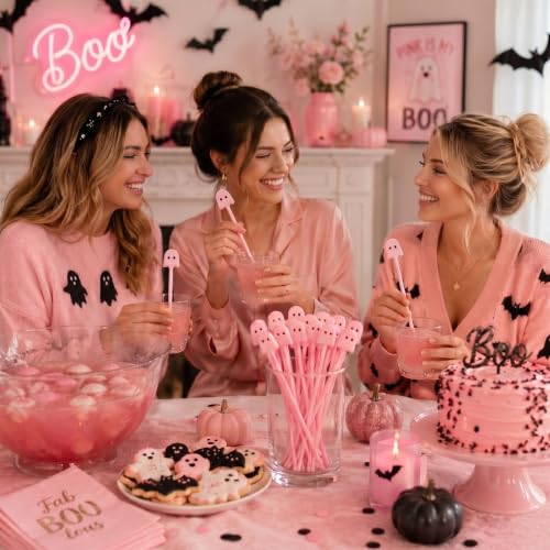 30 Pcs Halloween Pink Ghost Drink Stirrers - Fall Cocktail Swizzle Sticks