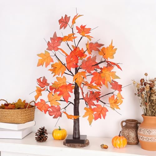 1 Pack 24-Inch Lighted Fall Maple Tree with LED Lights, Battery Operated Autumn Tabletop Decor – Thanksgiving & Indoor Fall Centerpiece