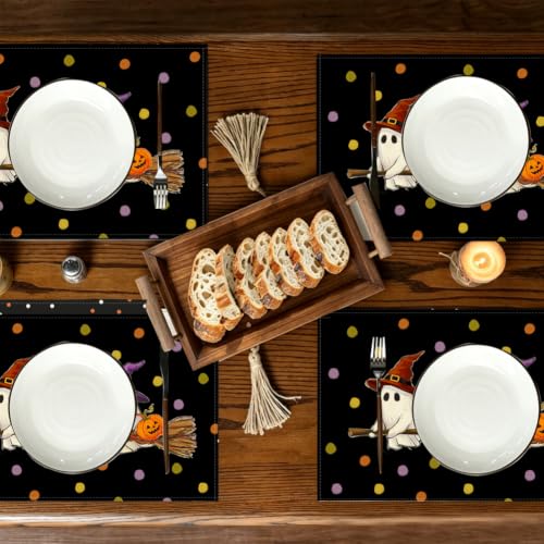 Halloween Ghost Table Placemats Set of 4 - Black, 18 x 12 Inches, Polyester