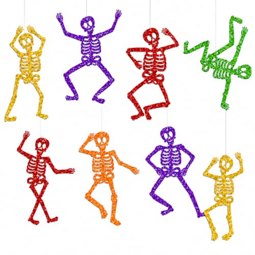 Halloween Skeleton Decorations - 8-Pack Glitter Hanging Skeletons with String - Skeleton Variation