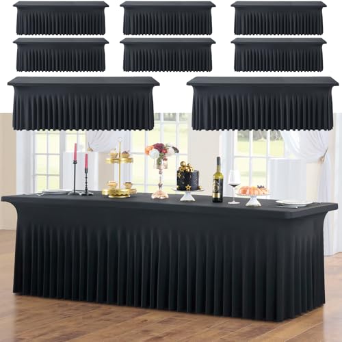 Black 8ft Spandex Tablecloths for Rectangle Tables, Wrinkle-Free Fitted Covers - 8 Pack