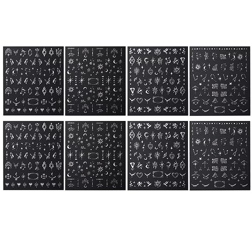 Silver Metallic Nail Stickers - 8 Sheets for DIY Art & Design, Moon Sun Stars Butterfly