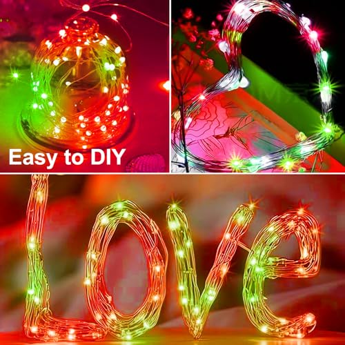 Battery Operated Fairy Lights 7ft 20LED Silver Wire Christmas String Lights - Red & Green, 3 Modes, Waterproof, 24 Pack