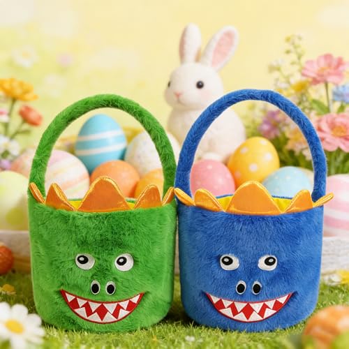 Green & Blue Dinosaur Plush Halloween Trick or Treat Basket - 8 Inch Dia, 15.7 Inch Tall, Kids Gift & Party Decor