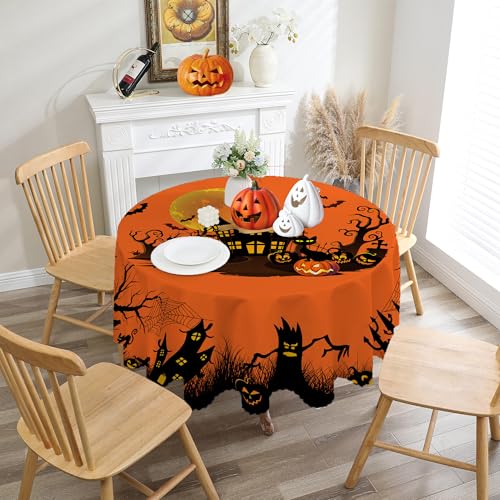 Halloween Round Tablecloth 70 Inch - Orange Table Cover for Parties - Variation: Orange Castle