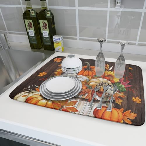 Pumpkin Bucket Dish Drying Mat - Halloween Thanksgiving Kitchen Decor 18x24 Inch
