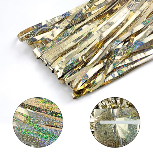Glitter Champagne Gold Foil Fringe Backdrop Curtains - 3 Pack, Party Decorations