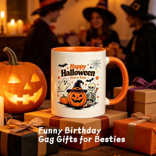 Halloween Trick or Treat Pumpkin Ghost Skull Mug - 11oz Orange Handle & Interior