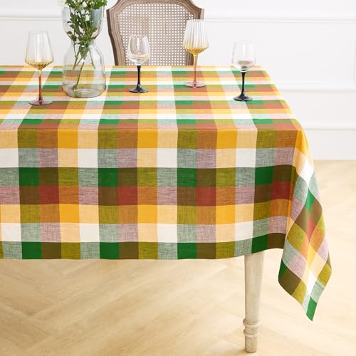 Fall Check Linen Tablecloth - Buffalo Check 60 x 108 Inches, Pure European Flax
