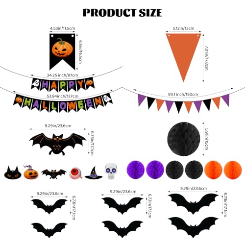 Halloween Decoration Set - Purple, Black & Orange Bundle with Bats & Honeycomb Balls