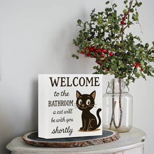 Cat Wooden Sign - Funny Bathroom Decor, Cat Lover Gift, 5x5 Inch