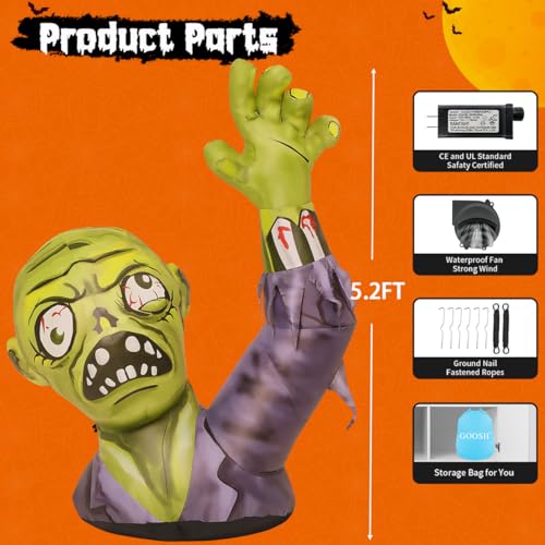 Inflatable Halloween Zombie Decor with Built-in LEDs - 5.2 FT Outdoor Yard Terror