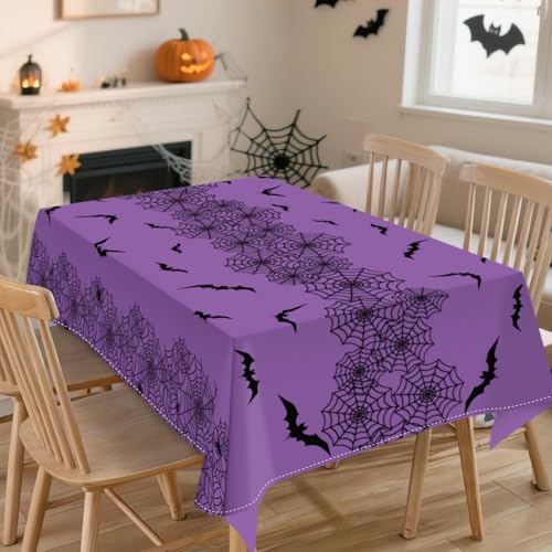 Purple Halloween Spider Web Bat Tablecloth 60x120 Inches Washable Polyester Decor