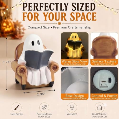 Cute Ghost Book Lamp with LED Light - Halloween & Reading Nook Decor