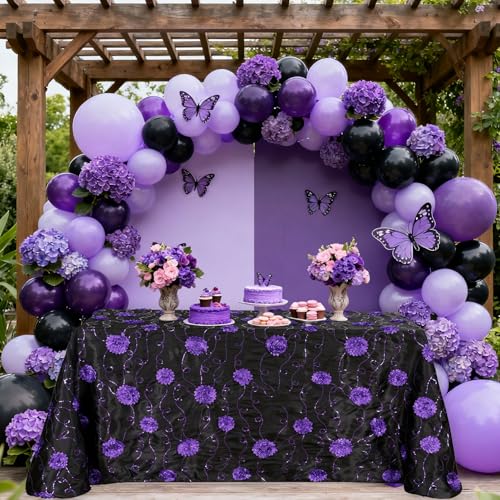 Black 132x90 Inch Rectangular Christmas Tablecloth with 3D Rosette Sequin Satin