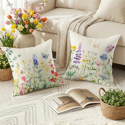 Spring Pillow Covers 20x20 Inch Set of 4 - Floral Farmhouse Decorative Pillowcases - Spring / 20" x 20" (Pack of 4)