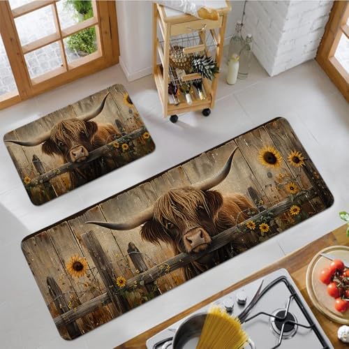 Cow Sunflower Farmhouse Kitchen Rugs Set of 2 Non Slip Washable Brown Decor