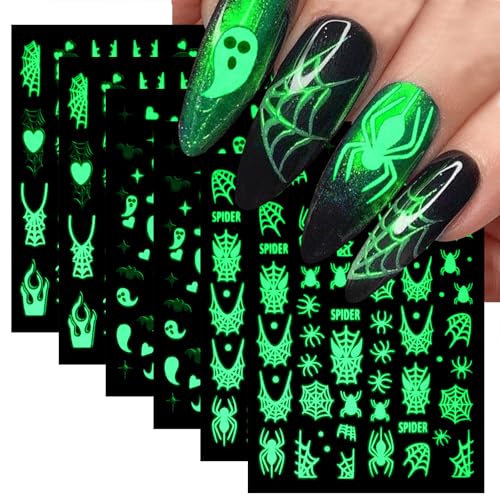 Halloween Glow in The Dark Nail Art Stickers 6 Sheets Ghost Skull Spider Bat Self-Adhesive