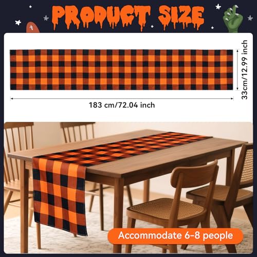 Halloween Checkered Table Runner - Black and Orange Burlap 13x72 Inches for Parties