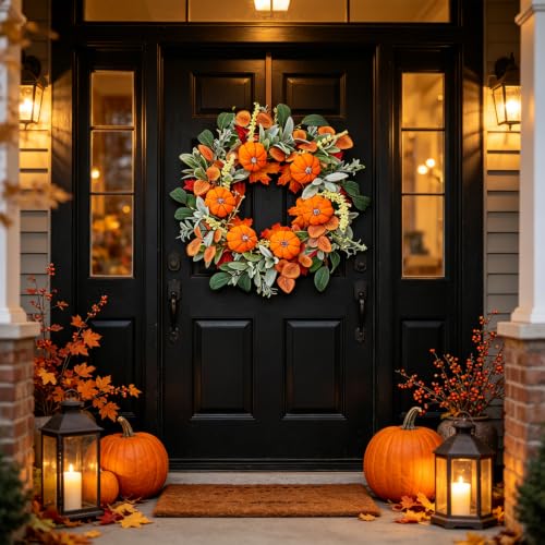 22 Inch Autumn Harvest Wreath for Front Door Farmhouse Decor with Pumpkins & Eucalyptus - Variation of THIS listing