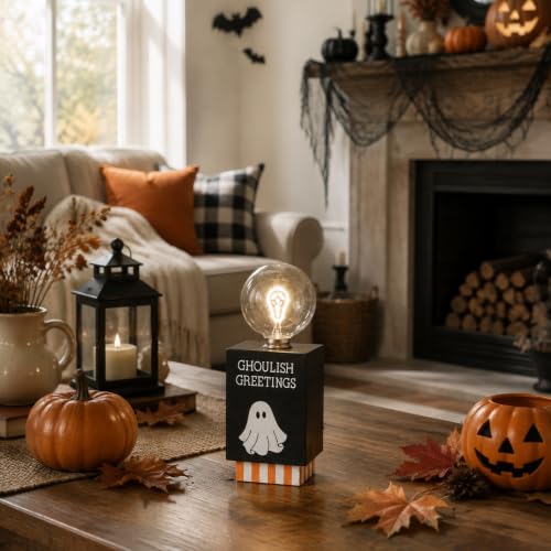 Halloween Indoor Light Up Ghost Sign - Black Halloween Desk Decor with Warm Globe Light