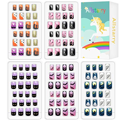Kids Halloween Press-On Nails Set - 120pcs Glitter Rainbow Short Fake Nails with Variations