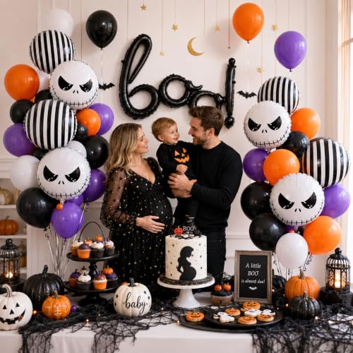 Halloween Foil Balloon Set - Ghost Skeleton Skull Striped Boo with Variation Black White
