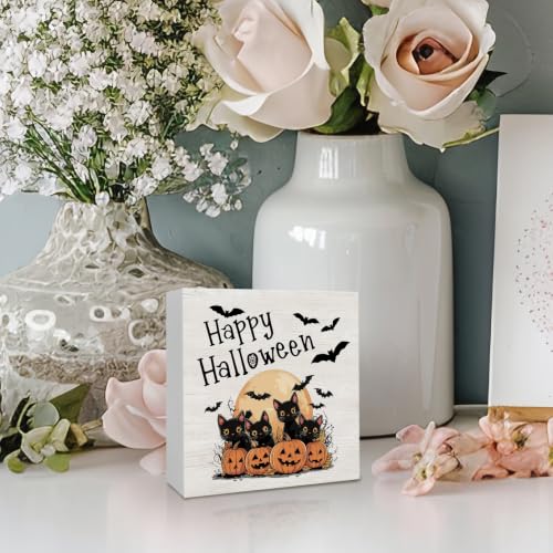 Happy Halloween Cat Pumpkin Wooden Sign - Fall Desk Decor, 5x5 Inch, Happy Cat Variation