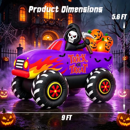 9 Ft Halloween Inflatable Monster Truck with LED Lights, Reaper & Pumpkins Yard Decor