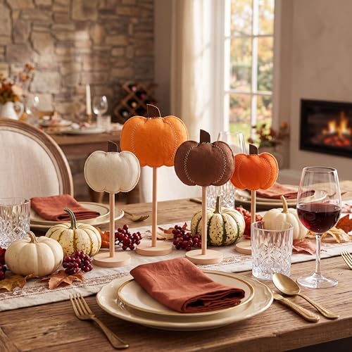 Fall Felt Pumpkin Decor Set with Wooden Bases - Autumn Halloween Thanksgiving Home Accent