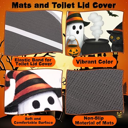 Halloween Shower Curtain Set with Bath Mat Toilet Cover and Hooks - Spooky Ghost Cat Pumpkin Decor