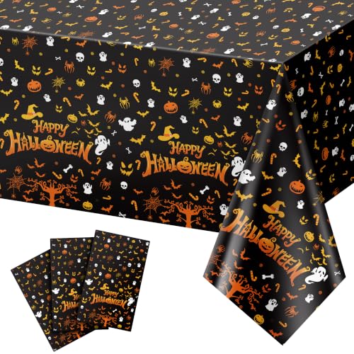 Halloween Party Tablecloths 3 Pack - Spooky Pumpkin Ghost Bat Skeleton Design - Black, White, Yellow