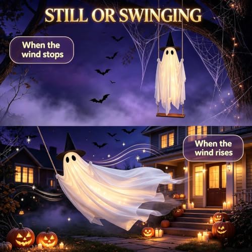 5ft Halloween Hanging Ghost Swing with Lights Outdoor Decor