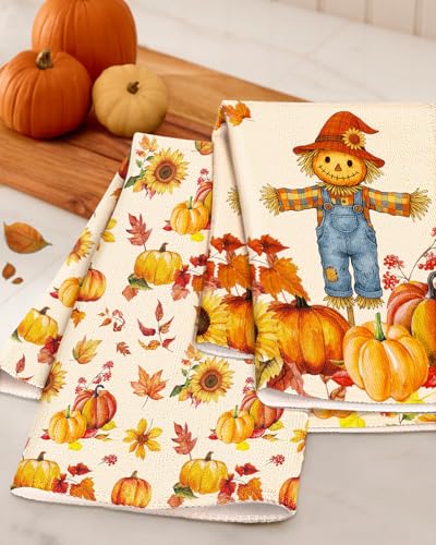 Fall Microfiber Kitchen Towels Set of 2 - Straw Pumpkin Off-White, Harvest Decor